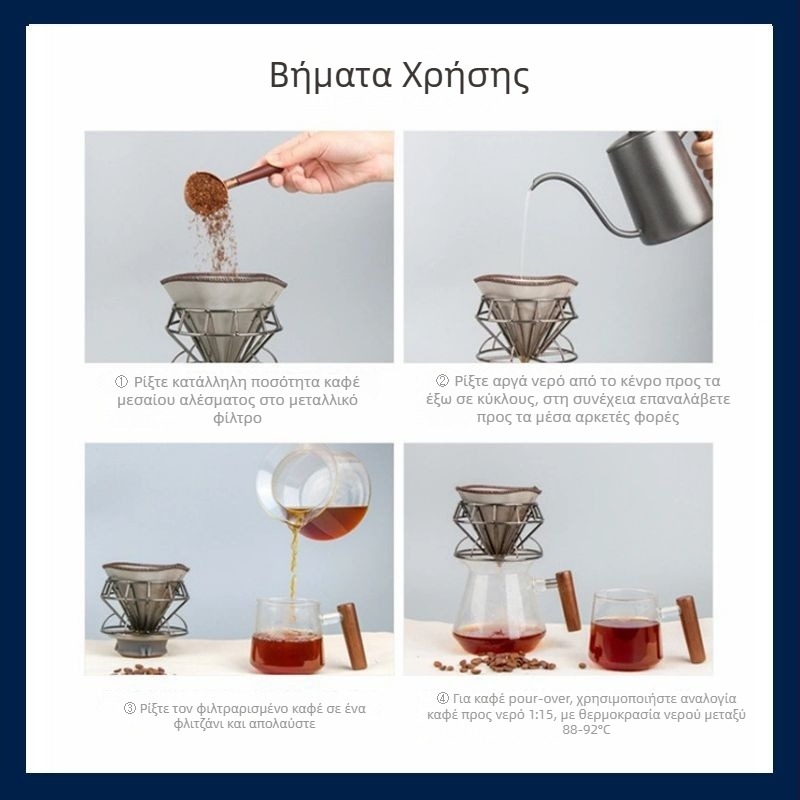 Επαναχρησιμοποιούμενο φίλτρο καφέ V60 pour-over από ανοξείδωτο ατσάλι, χωρίς χαρτί