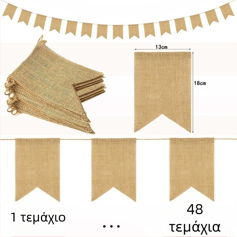 48 άδεια τρίγωνικά σημαδάκια από γιούτα σε λινό ύφασμα, για χριστουγεννιάτικη και γαμήλια διακόσμηση – DIY κορδόνι σημαίες
