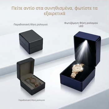 Κουτί για ρολόγια με LED φως, πολυτελής δερμάτινη επιφάνεια με βουρτσισμένο φινίρισμα, κουτί δώρου με καπάκι