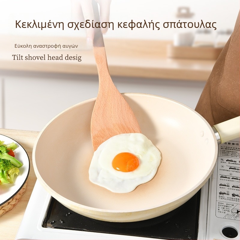 Σετ από ξύλινες σπάτουλες με μακριά λαβή: σπατούλα, κουτάλι ρυζιού και κουτάλι σούπας για αντικολλητικά τηγάνια