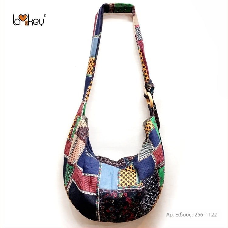 Γυναικεία τσάντα crossbody με εκτυπωμένο εθνοτικό σχέδιο σε στυλ λογοτεχνίας και τέχνης, ύφασμα από λινό και βαμβάκι, ρυθμιζόμενος μακρύς ιμάντας, τσάντα σε σχήμα μισοφέγγαρου