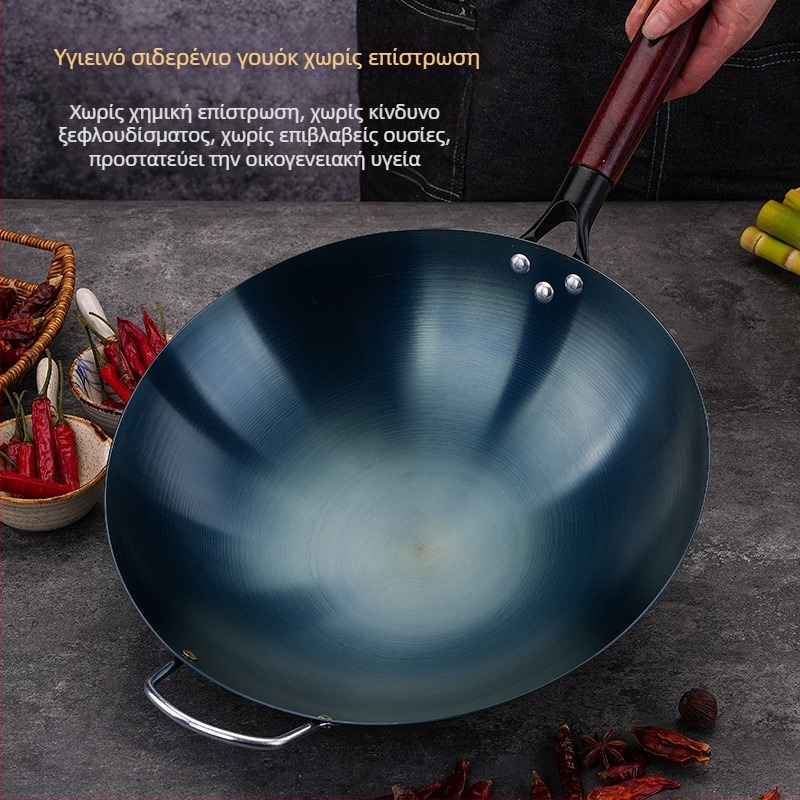 Μπλε σιδερένιο γουόκ με στρογγυλό πάτο, χωρίς επίστρωση, ανθεκτικό στην πρόσφυση, συμβατό με γκάζι, οικιακή και επαγγελματική χρήση