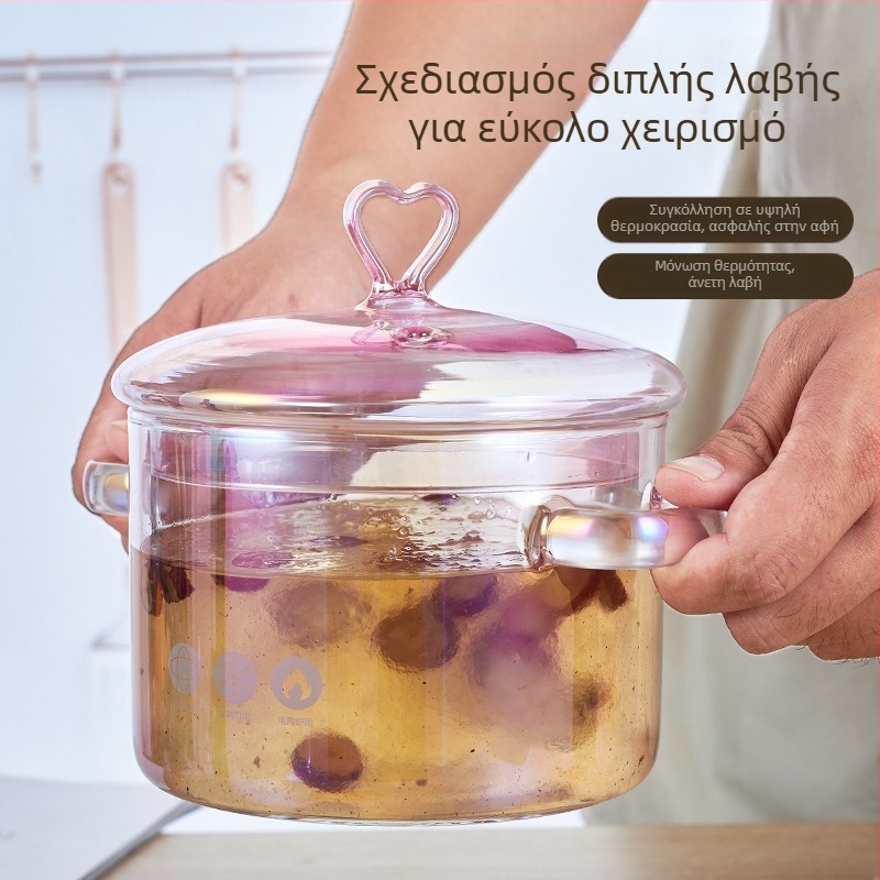 Μεγάλη χωρητικότητα διαφανής γυάλινη κατσαρόλα για νουντλς και σούπα, με δύο λαβές, ιδανική για βρεφική τροφή και υγιεινό μαγείρεμα, συμβατή με ανοιχτή φλόγα