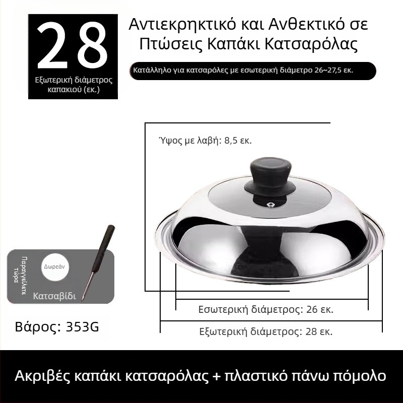Κυκλικό καπάκι κατσαρόλας από ανοξείδωτο ατσάλι με διαφανές γυάλινο καπάκι ατμού και λαβή