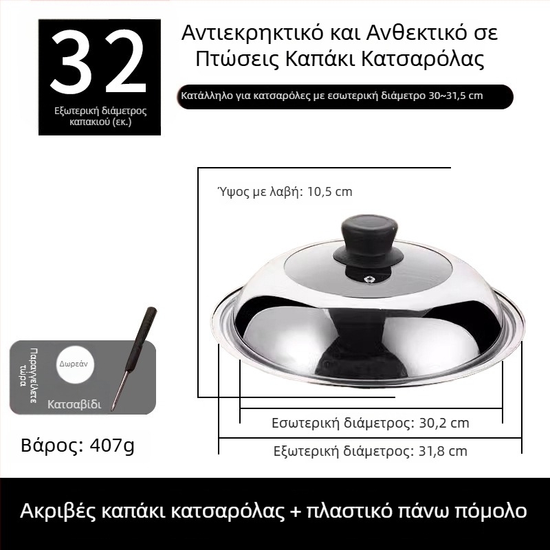 Κυκλικό καπάκι κατσαρόλας από ανοξείδωτο ατσάλι με διαφανές γυάλινο καπάκι ατμού και λαβή