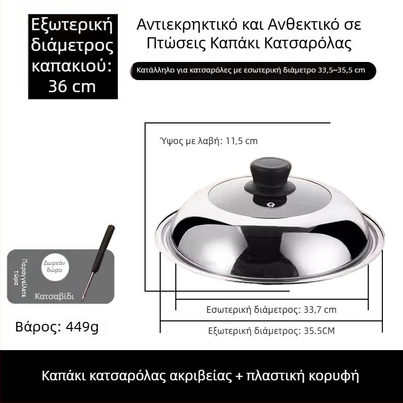 Κυκλικό καπάκι κατσαρόλας από ανοξείδωτο ατσάλι με διαφανές γυάλινο καπάκι ατμού και λαβή