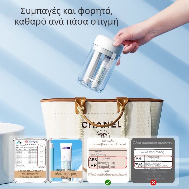 Σετ ταξιδιωτικών ειδών περιποίησης στόματος: κύπελλο αποθήκευσης, κύπελλο για στοματικό διάλυμα, οδοντόβουρτσα και οδοντόκρεμα, τρία σε ένα, φορητό