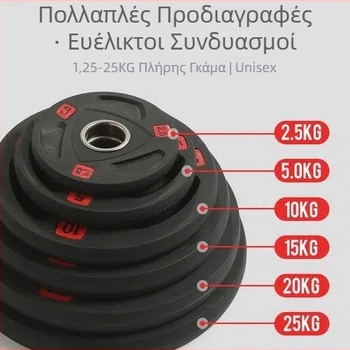 Δίσκοι για μπάρμπελ με τρεις οπές, με καουτσούκ επίστρωση, μεγάλο κεντρικό άνοιγμα, ανθεκτικοί στη φθορά και αντιολισθητικοί για γυμναστήριο
