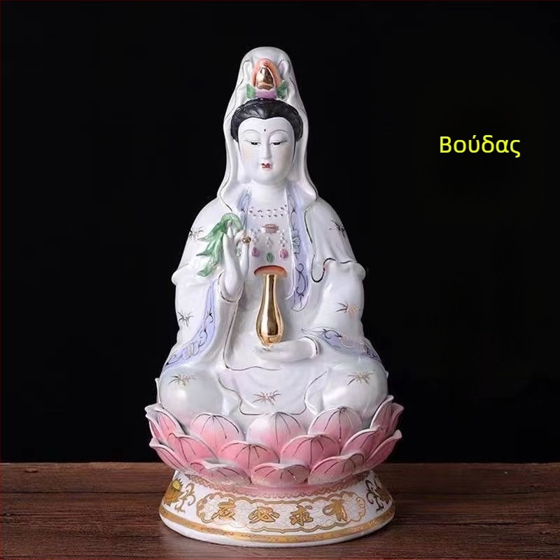 Κεραμικό άγαλμα Guanyin Avalokitesvara Bodhisattva, καθισμένο πάνω σε λωτό