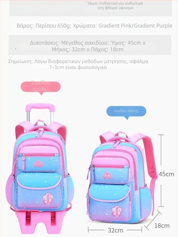 Παιδικό ρολό σακίδιο με μεταφορικό χερούλι, για κορίτσια Δημοτικού 3-6 τάξη, gradient χρώμα, μεγάλη χωρητικότητα