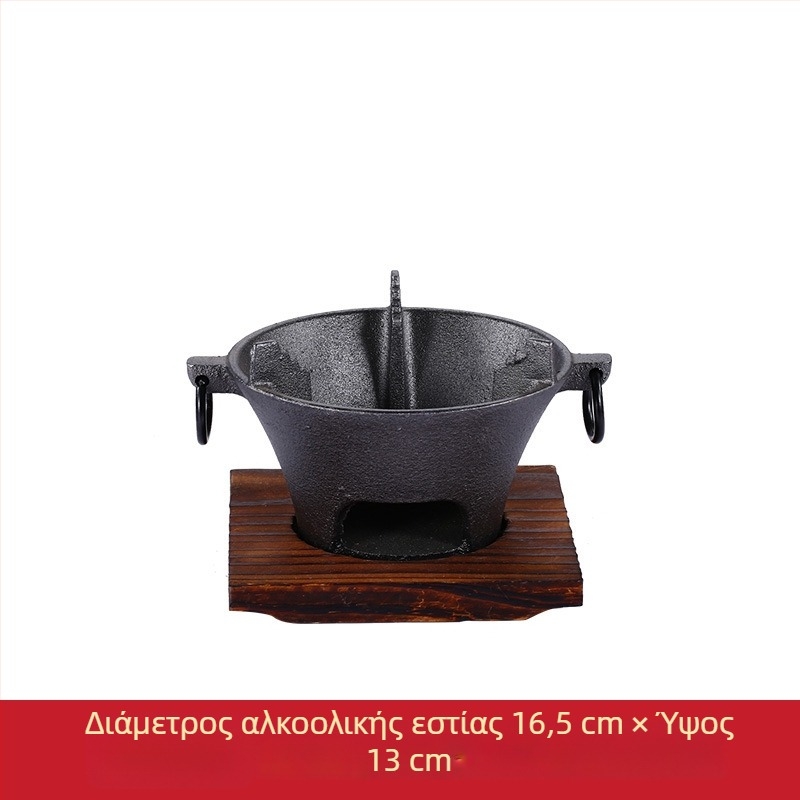 Γιαπωνέζικού στυλ χυτοσίδηρη κατσαρόλα για σουκιγιάκι, ατομική μερίδα, με στερεό αλκοολικό φούρνο — συμπαγής οικιακή κατσαρόλα