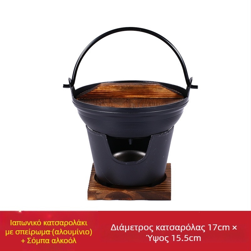 Γιαπωνέζικού στυλ χυτοσίδηρη κατσαρόλα για σουκιγιάκι, ατομική μερίδα, με στερεό αλκοολικό φούρνο — συμπαγής οικιακή κατσαρόλα
