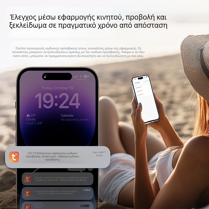 Έξυπνο κλείδωμα με αναγνώριση προσώπου, βιντεο-θυροτηλέφωνο, με αποτύπωμα και κωδικό πρόσβασης, WiFi απομακρυσμένο ξεκλείδωμα για δωμάτια και γραφεία, γκράφιτι σχέδιο