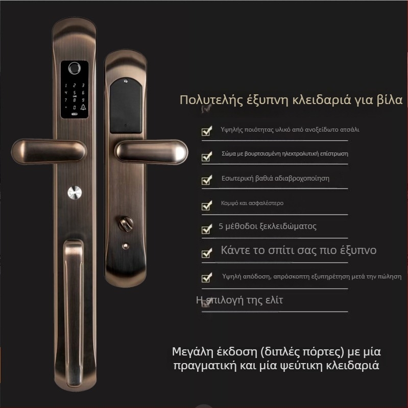 Κλειδαριά με αποτύπωμα για διπλή πόρτα βίλας, λαβή από κράμα ψευδαργύρου, κωδικός προστασίας και επεκτεινόμενο πάνελ από ανοξείδωτο χάλυβα