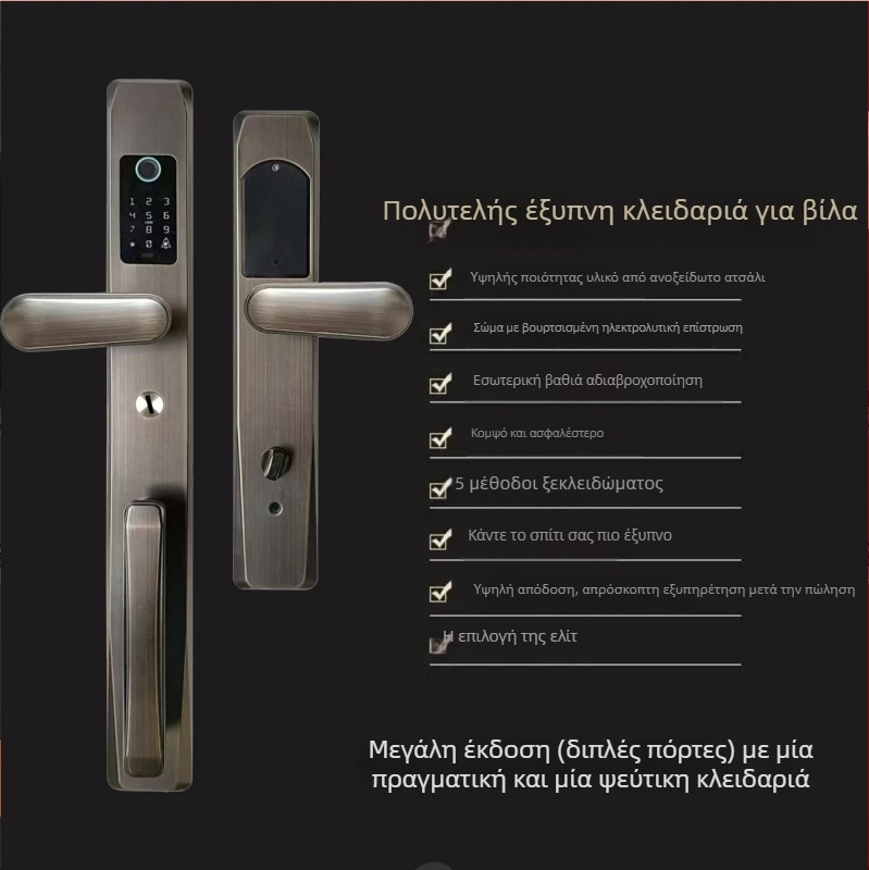 Κλειδαριά με αποτύπωμα για διπλή πόρτα βίλας, λαβή από κράμα ψευδαργύρου, κωδικός προστασίας και επεκτεινόμενο πάνελ από ανοξείδωτο χάλυβα