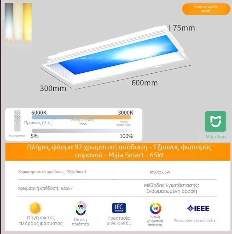 Ενσωματωμένος οροφικός φωτισμός Sky Light για κουζίνα και μπάνιου, γαλάζιο φως ουρανού