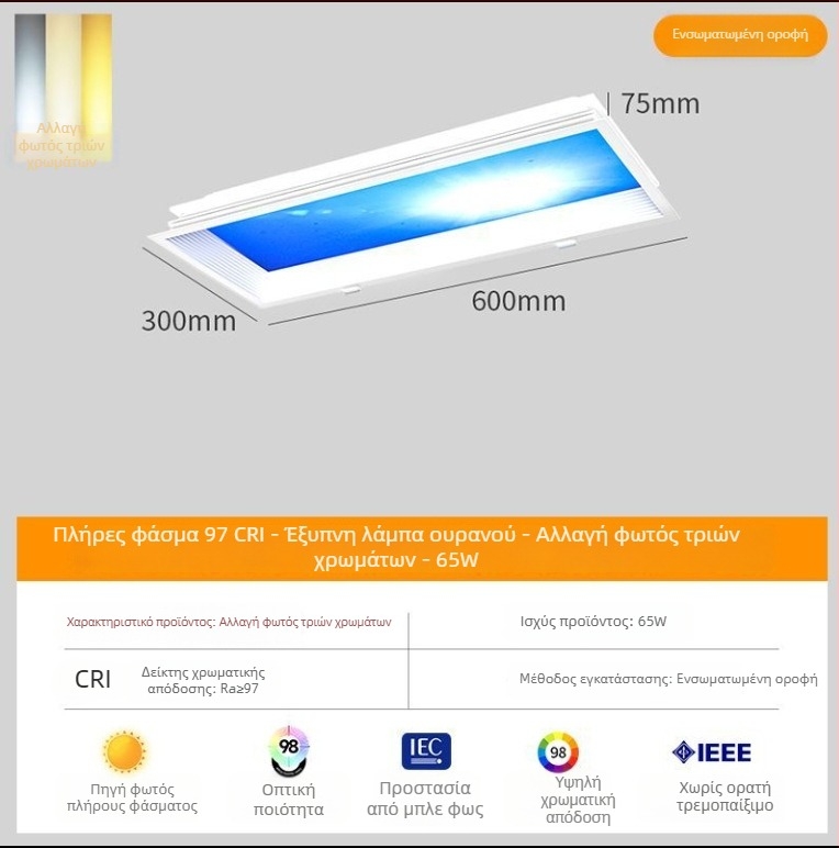 Ενσωματωμένος οροφικός φωτισμός Sky Light για κουζίνα και μπάνιου, γαλάζιο φως ουρανού