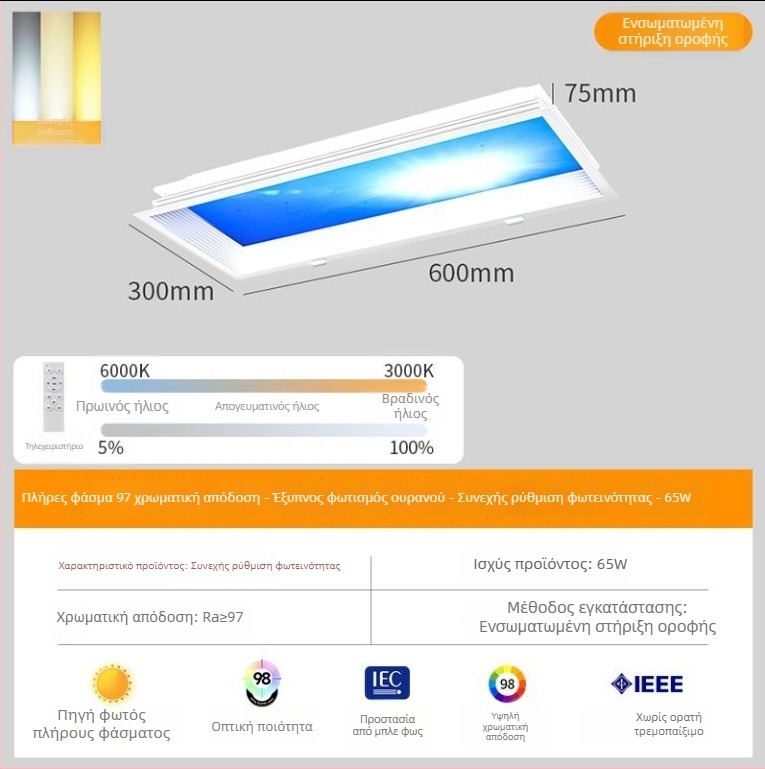 Ενσωματωμένος οροφικός φωτισμός Sky Light για κουζίνα και μπάνιου, γαλάζιο φως ουρανού