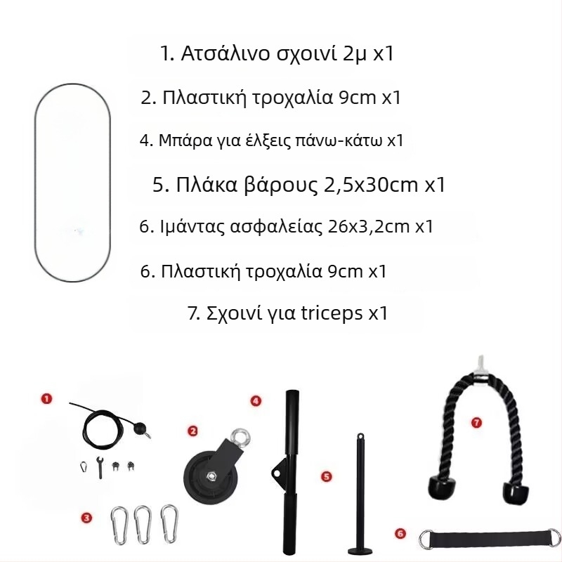 Σετ DIY για τροποποίηση οικιακού εξοπλισμού γυμναστηρίου: υψηλός τροχός έλξης και ασκήσεις με καλώδιο για πτήσεις με ατσάλινο σκοινί