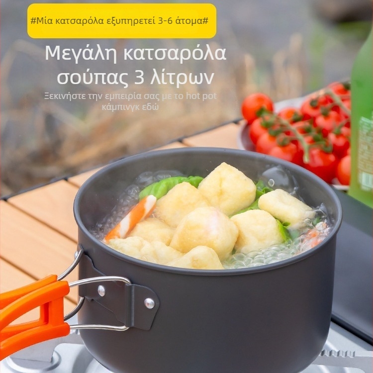 Σετ εξοπλισμού υπαίθριου μαγειρέματος και κουζίνας κατασκήνωσης — φορητή σόμπα με φιάλη καυσίμου, σετ κατσαρολών και βραστήρας
