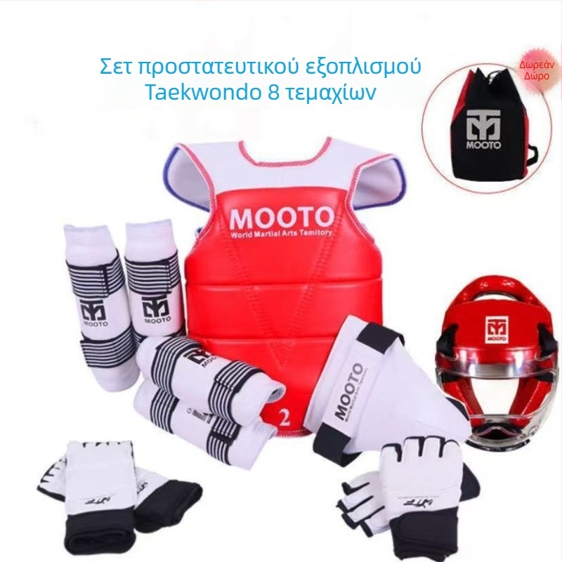 Προστατευτικός εξοπλισμός Taekwondo για παιδιά – Σετ 5 ή 8 τεμαχίων με προστασίες κεφαλής, μέσης, αγκώνα, κνήμης, ώμου, γονάτου και αστραγάλου