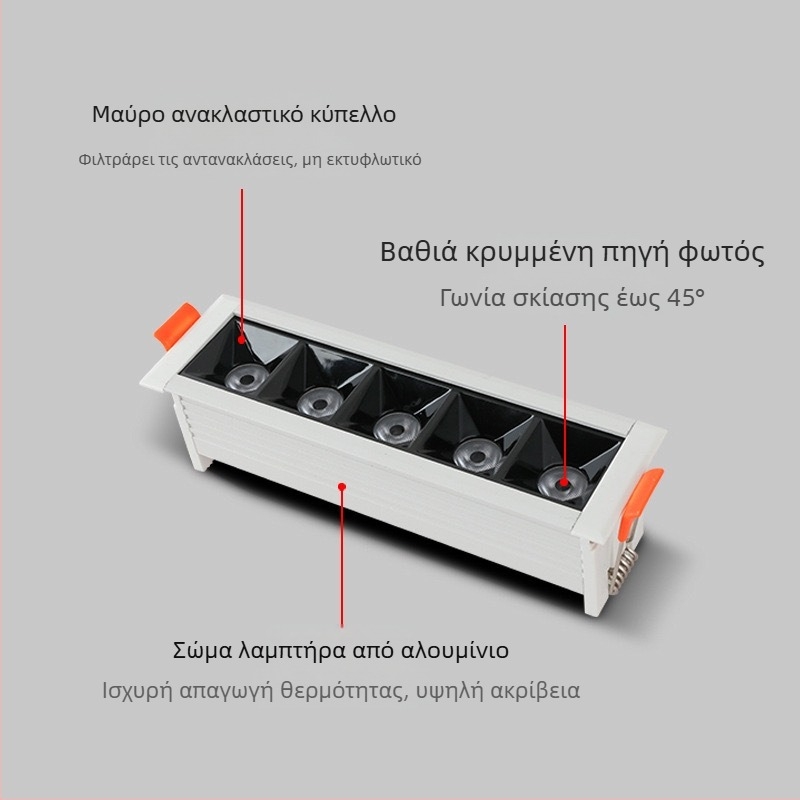 Ενσωματωμένο LED γραμμικό φως με σχάρα και προβολέα, κυλινδρικό downlight υψηλού CRI για σαλόνι και διάδρομο, αντιθαμβωτικό φωτιστικό τροχιάς και πλύσιμο τοίχων