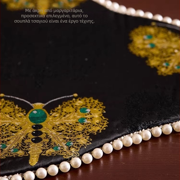Νέο χαλάκι τσαγιού κινεζικού στυλ με brocade και μαργαριτάρια, αδιάβροχο, κεντημένο Zen τραπεζομάντηλο για οικιακή χρήση