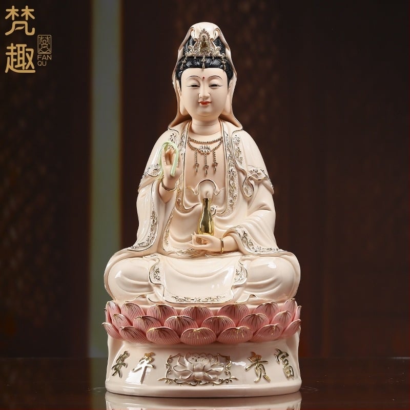 Χαμογελαστό άγαλμα Guanyin Bodhisattva, καθισμένο σε λωτό, πορσελάνινο διακοσμητικό για οικιακή χρήση
