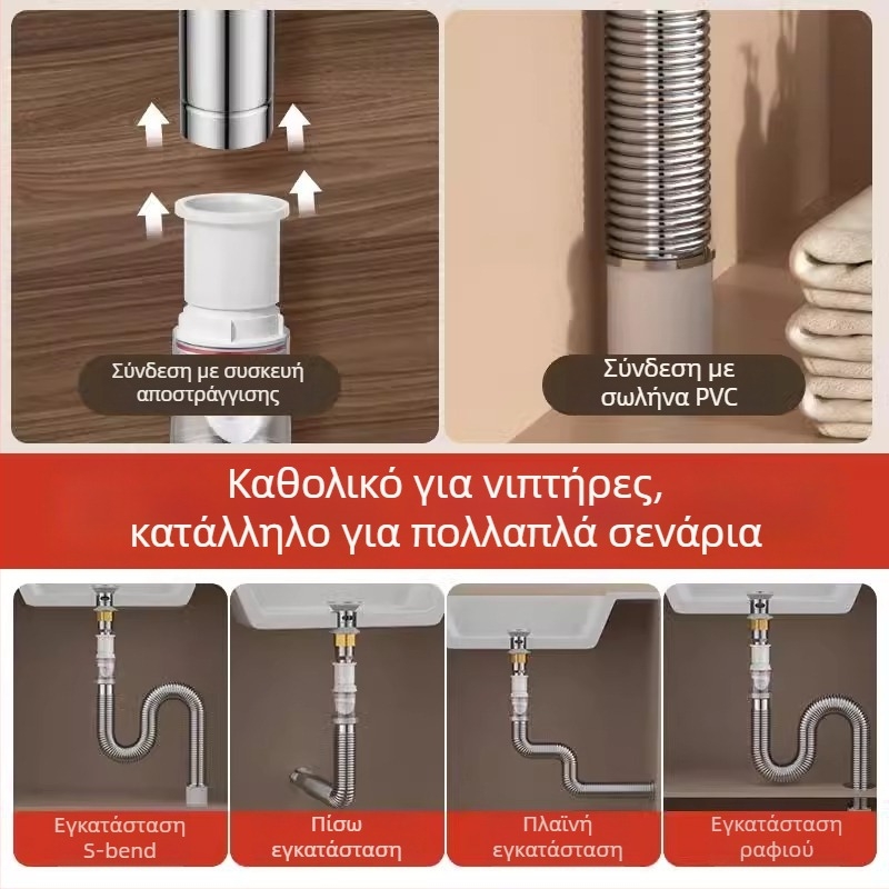 Ανοξείδωτος αποχετευτικός σωλήνας νιπτήρα με έλεγχο οσμών και εξαρτήματα αποστράγγισης