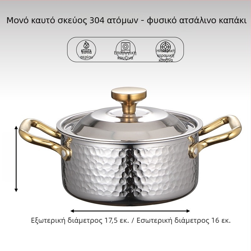 304 ανοξείδωτος χάλυβας, μονή μίνι χοτ πότ με καπάκι, 16 εκ, χωρητικότητα 2,1–4 L, τριπλού στρώματος βάση