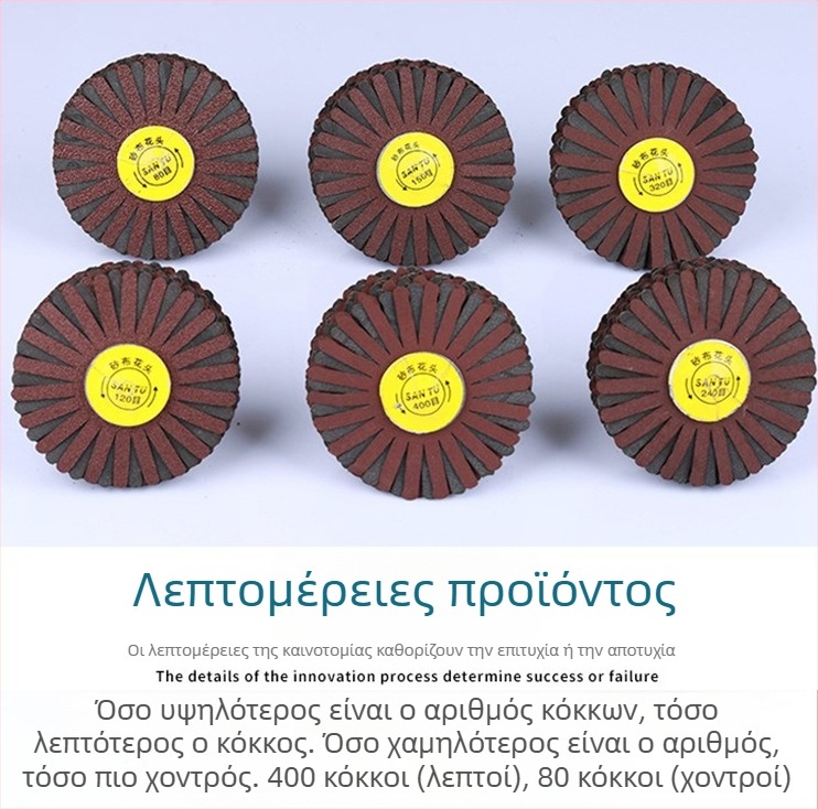 Ξύλινο εργαλείο λείανσης με κυλινδρική κεφαλή, ύφασμα λείανσης emery, κατάλληλο για επίπεδες και καμπύλες επιφάνειες; περιλαμβάνει βούρτσες από ατσάλι και από χαλκό