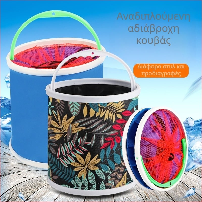 Αναδιπλούμενος κουβάς ψαρέματος με σχοινί και δίχτυ προστασίας από απόδραση ψαριών — ζωντανός κουβάς για ψάρια, πολυλειτουργικό εξοπλισμό ψαρέματος