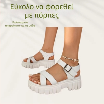 Γυναικείες σανδάλες με φαρδύ πάτο, ευρωπαϊκό-αμερικανικό στυλ, διασταυρούμενοι ιμάντες και μία αγκράφα, μοντέλο 2026
