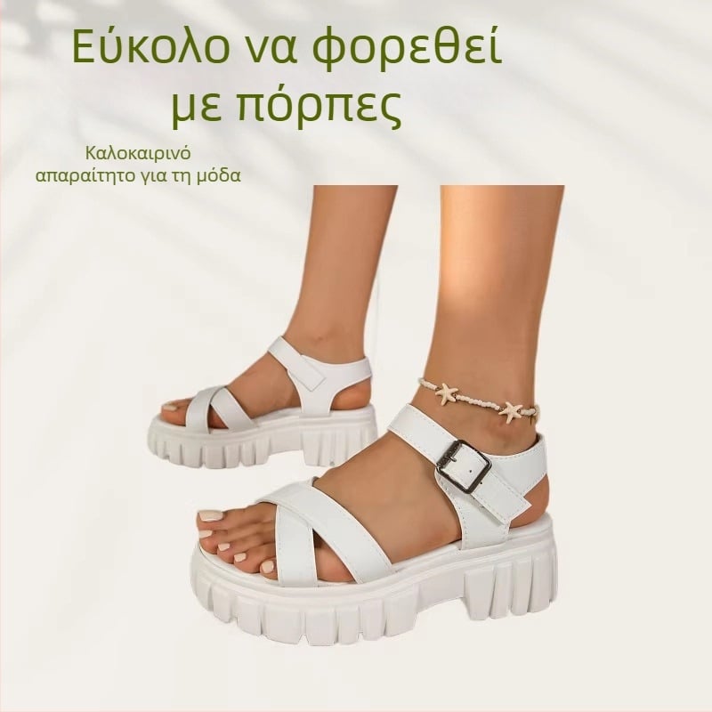 Γυναικείες σανδάλες με φαρδύ πάτο, ευρωπαϊκό-αμερικανικό στυλ, διασταυρούμενοι ιμάντες και μία αγκράφα, μοντέλο 2026