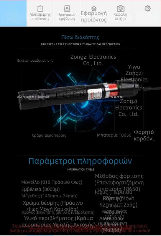 Μοντέλο 018: Πολυχρωμικός δείκτης λέιζερ με μονοπολικό λέιζερ και πράσινο, κόκκινο, μπλε και βιολετί φως