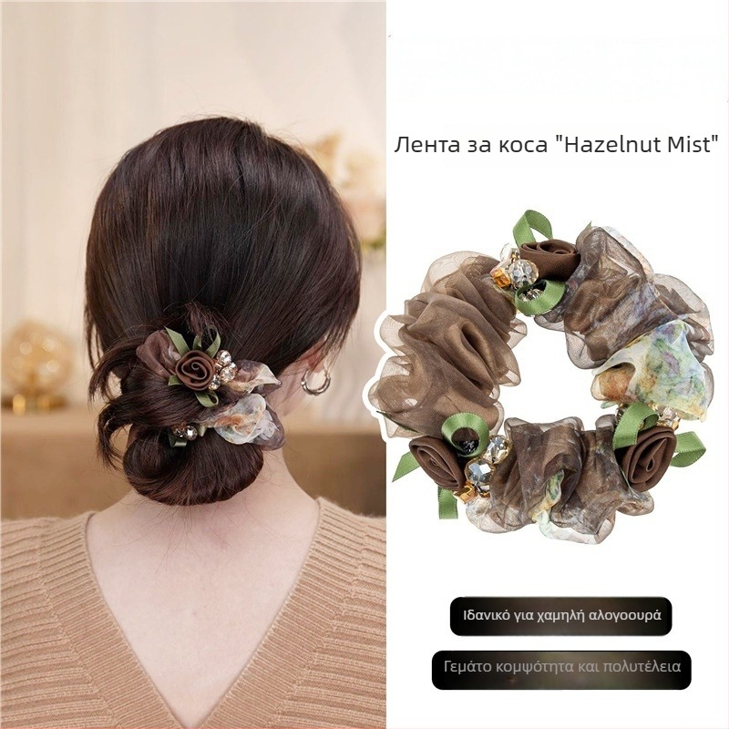 Scrunchie μαλλιών από γάζα σε απόχρωση Hazelnut Mist, με ρετρό φλοράλ σχέδιο, ελαστικό αξεσουάρ μαλλιών για γυναίκες, μοντέλο 2026