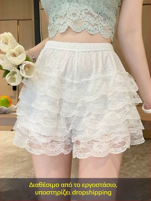 Γυναικεία κολάν από Ice Silk με δαντέλα, ασφαλή, διαπνέοντα και λεπτά, μήκος 3/4, κατάλληλα ως εξωτερικά σορτς