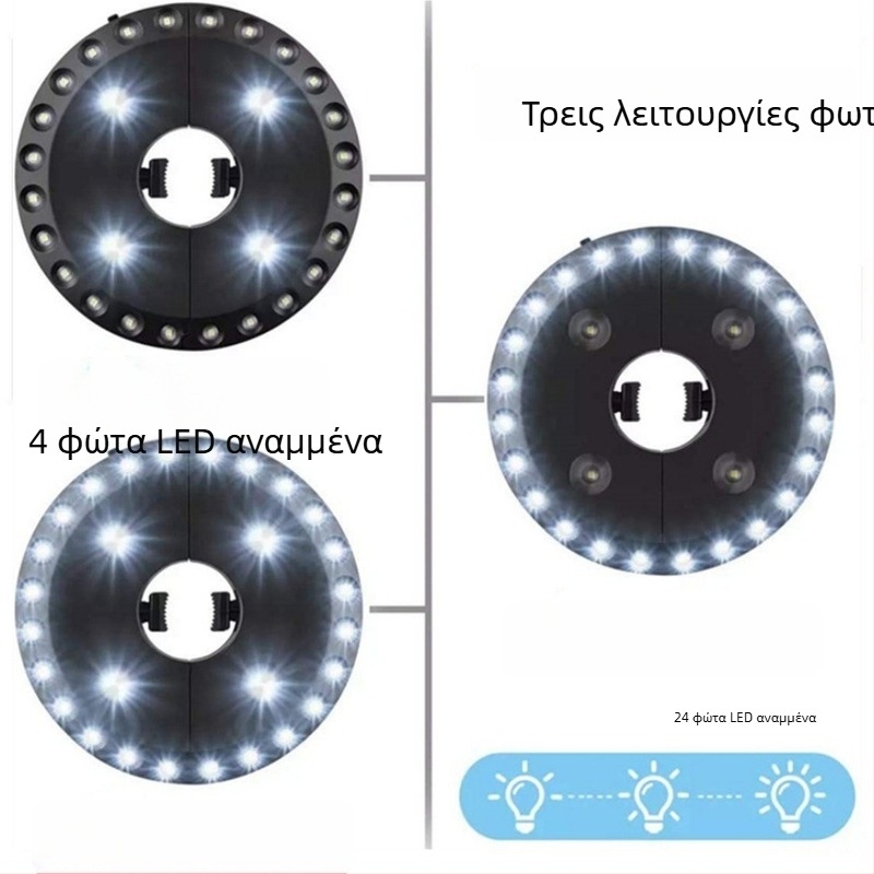 LED φως ομπρέλας για κάμπινγκ με 24+4 δίσκους LED – φωτισμός κανάβης, σκηνής και παραλίας