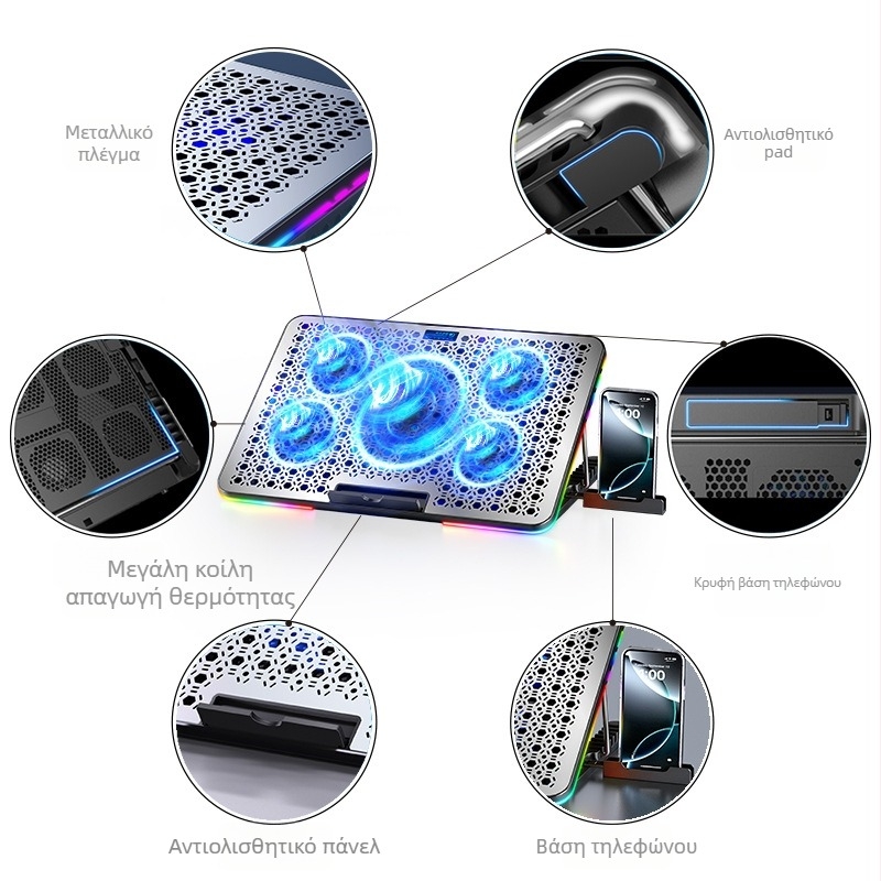 F5 PLUS ψύξη φορητού υπολογιστή με RGB φωτισμό, μεταλλική επιφάνεια δικτύου, 5 ανεμιστήρες, διαστάσεις 360×255×27 mm