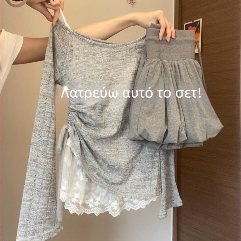 Κορεατικού στυλ γλυκό κοριτσίστικο σετ τριών τεμαχίων: τιράντες με δαντέλα, μπλούζα με κορδόνι και φούστα μπουμπούκι