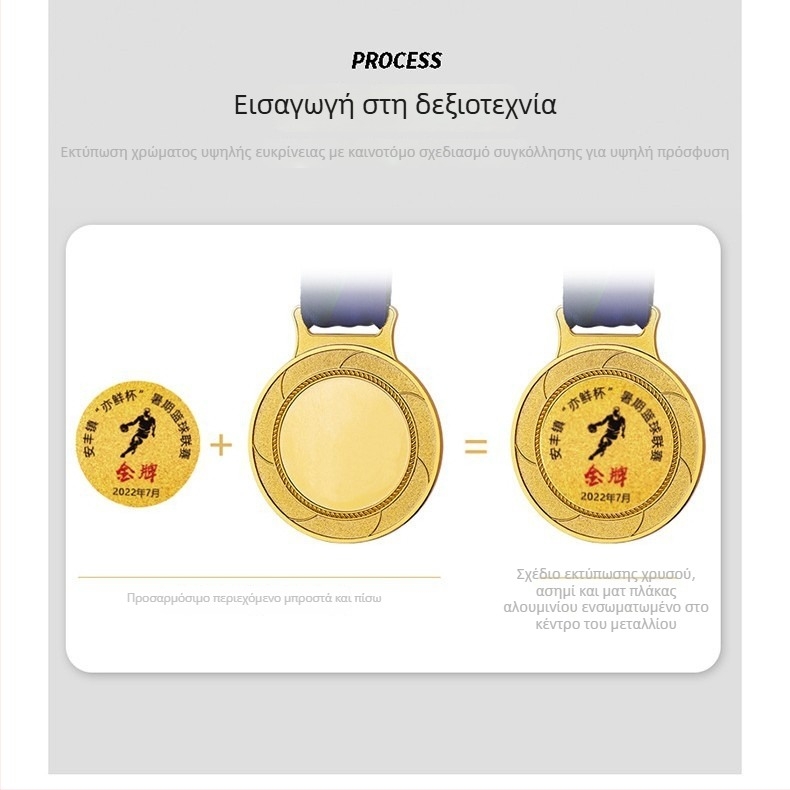 Μετάλλια από κράμα ψευδαργύρου για μαραθώνιο, αθλητικές εκδηλώσεις και διαγωνισμούς μπάσκετ. Παιδικά μετάλλια σε χρυσό, ασημένιο και χάλκινο με επίχρυσο φινίρισμα.
