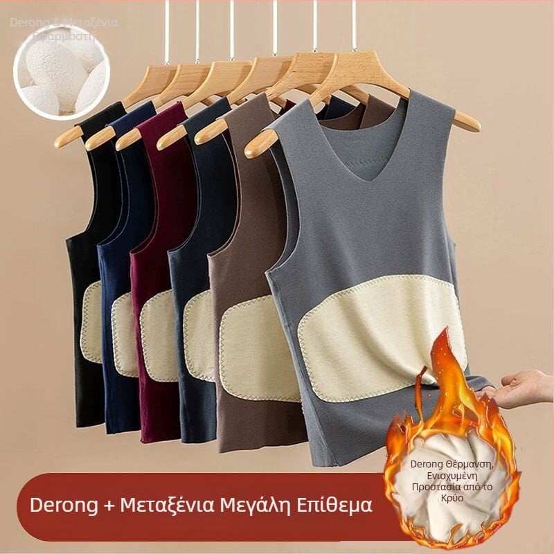 Ανδρικό θερμικό τοπ με βελούδινη επένδυση, χωρίς ραφές, παχύ, ζεστό για φθινόπωρο και χειμώνα, V-λαιμό, διπλής στρώσης