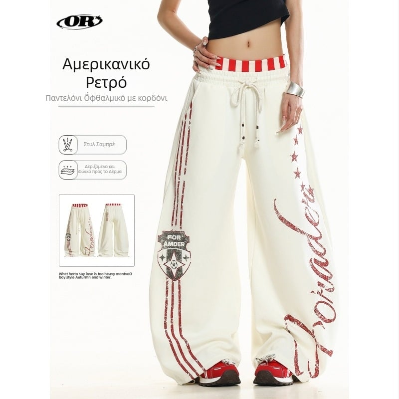 Oreeta Αμερικανικού ρετρό αθλητικά jogger παντελόνια, unisex, με εκτύπωση, χαλαρή φαρδιά γραμμή, 65% βαμβάκι 35% πολυεστέρας