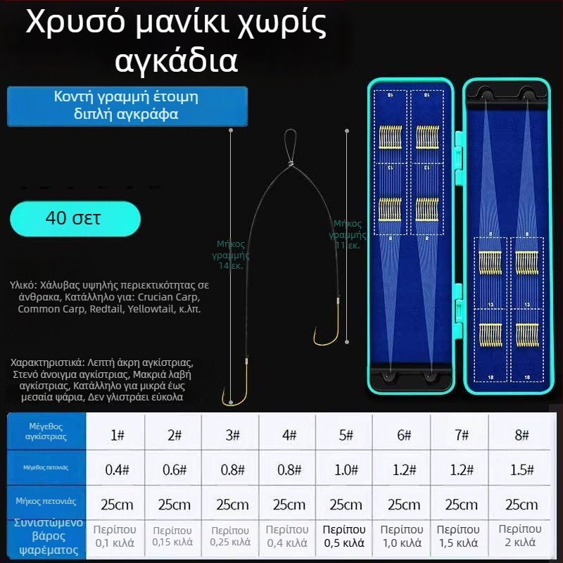 40 τεμάχια διπλών αγκιστριών με κοντό Toray σκοινί, χειροδεμένα με χρυσά μανίκια, οδοντωτές και αντιμπλέξ