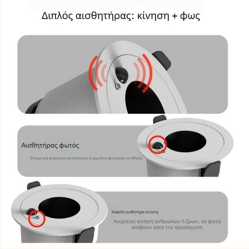 Έξυπνο ενσωματωμένο σποτ με αισθητήρα κίνησης για διαδρόμους και εισόδους | Αντιθαμβωτικό LED downlight, αλουμινένιο περίβλημα