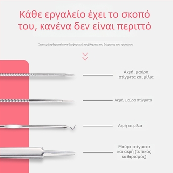 Σετ εργαλείων ακμής από ανοξείδωτο ατσάλι σε κουτί, 5 τεμάχια: διπλής όψεως βελόνες ακμής, βελόνες ακμής, τσιμπίδα για σπυράκια, βελόνα για μαύρα στίγματα