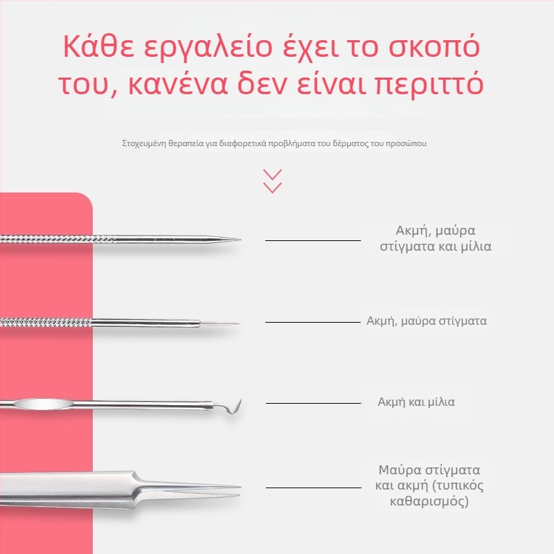 Σετ εργαλείων ακμής από ανοξείδωτο ατσάλι σε κουτί, 5 τεμάχια: διπλής όψεως βελόνες ακμής, βελόνες ακμής, τσιμπίδα για σπυράκια, βελόνα για μαύρα στίγματα