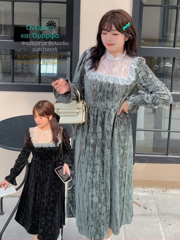 K2591 Plus-Size Μακριά Φόρεμα από Δαντέλα και Βελούδο, Α-γραμμή, Φθινόπωρο-Χειμώνας, Γαλλικό ρετρό ονειρικό στυλ