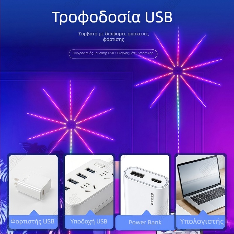 LED Πολύχρωμο Φωτιστικό Πυροτεχνίας με USB και Bluetooth, Εσωτερικός Διακοσμητικός Φωτισμός, Έλεγχος Ήχου με Μελωδία, 5V