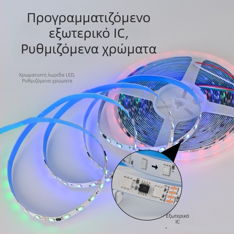 TM1934A 5050 RGB LED ταινία με εξωτερικό IC, προγραμματιζόμενος πλήρης χρωματισμός, λειτουργία συνέχισης από διακοπή